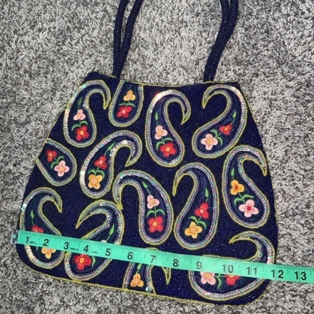 Unique/Rare Vintage Navy Beaded/Sequin/Embroidered Floral Paisley Shoulder Bag - Picture 7 of 14